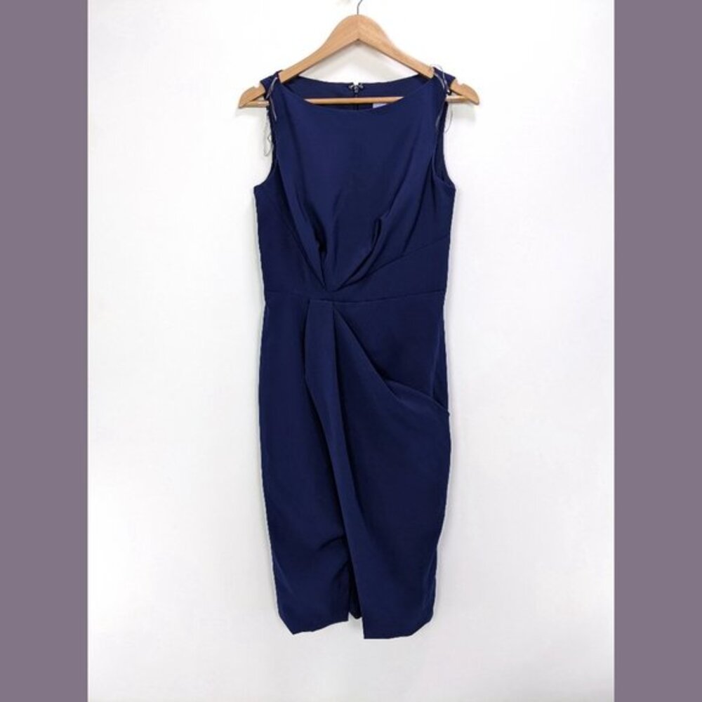JS Collections Size 6 Boat Neck Sleeveless Faux Wrap Midi Sheath Dress in Navy